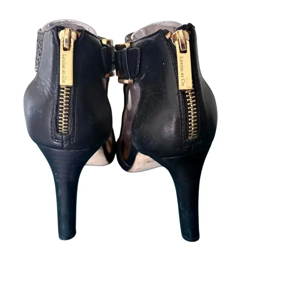 Louise et Cie Olivia Black Leather Perforated Peep Toe Buckle Heels Sandals